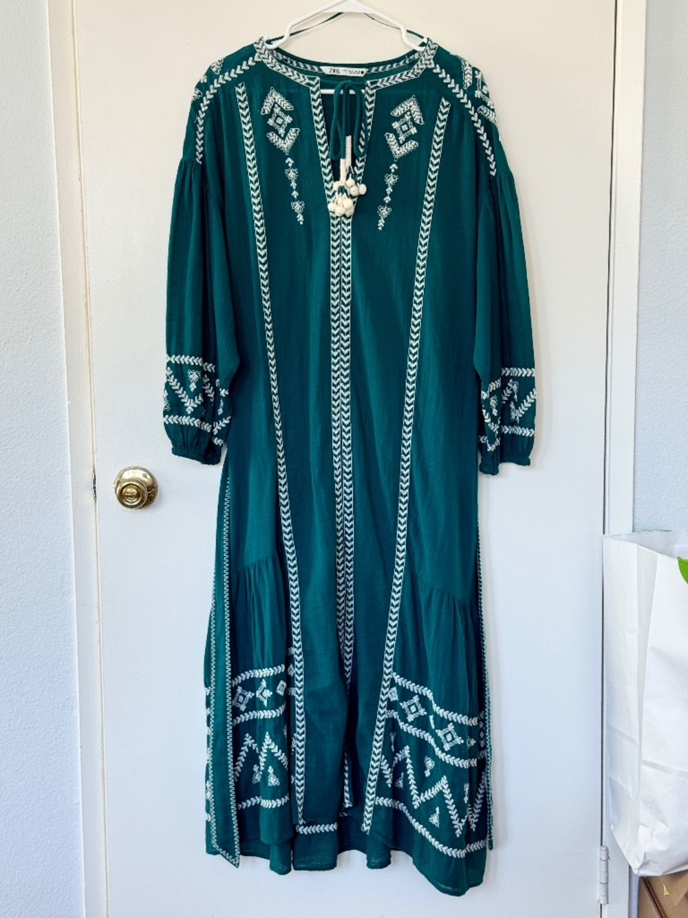 Zara Green Teal Embroidered Kaftan Caftan Maxi Dress Boho Tassel Belt Cotton S